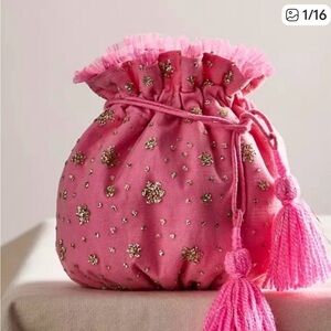Free People/ FP One Seasons Sparkle Mini Gift Sack Embroidered Pouch Bag Pink